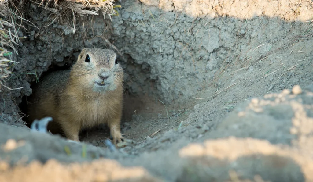 Gopher peeking from a dirt burrow entrance amid yard soil and mounded dirt