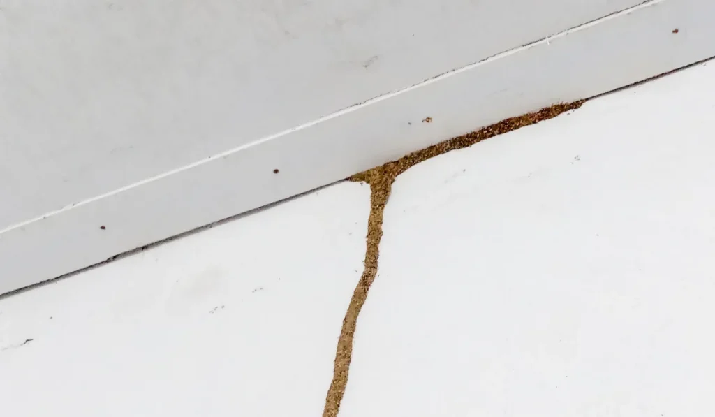 Termite mud tube running vertically on a white wall.